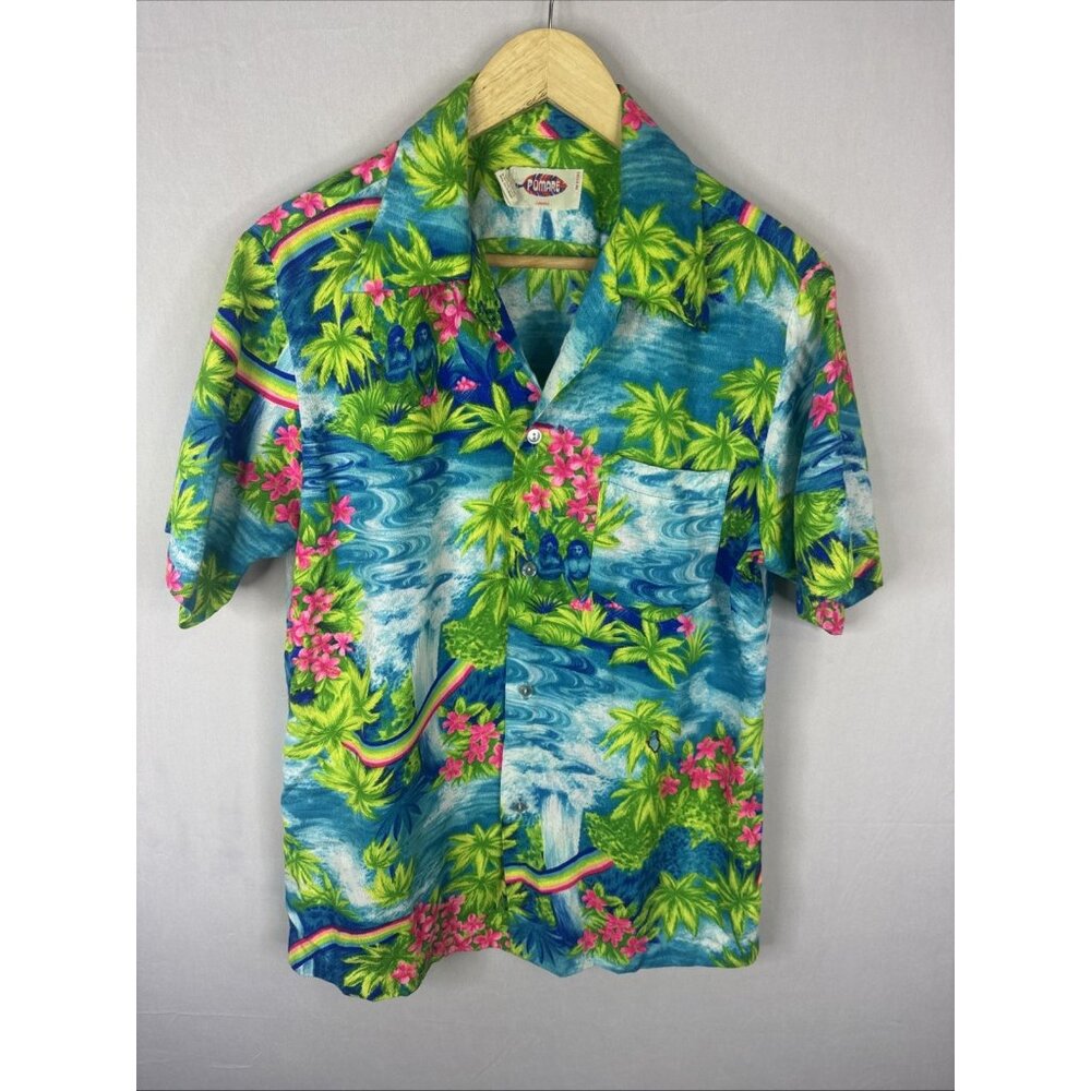 Pomare Hawaii Hawaiian Shirt Mens M‎ Blue Tropical Print Aloha USA DMG